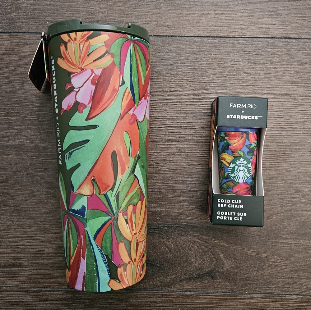 Starbucks FARM Rio Collab Banana Mix Tumbler  and Cold Cup Keychain NWT